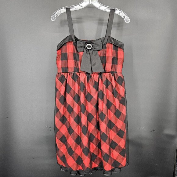 Secret Charm Dress Womens 16 Red Black Plaid Bow Rhinestone Party Cocktail Strap - Picture 1 of 12
